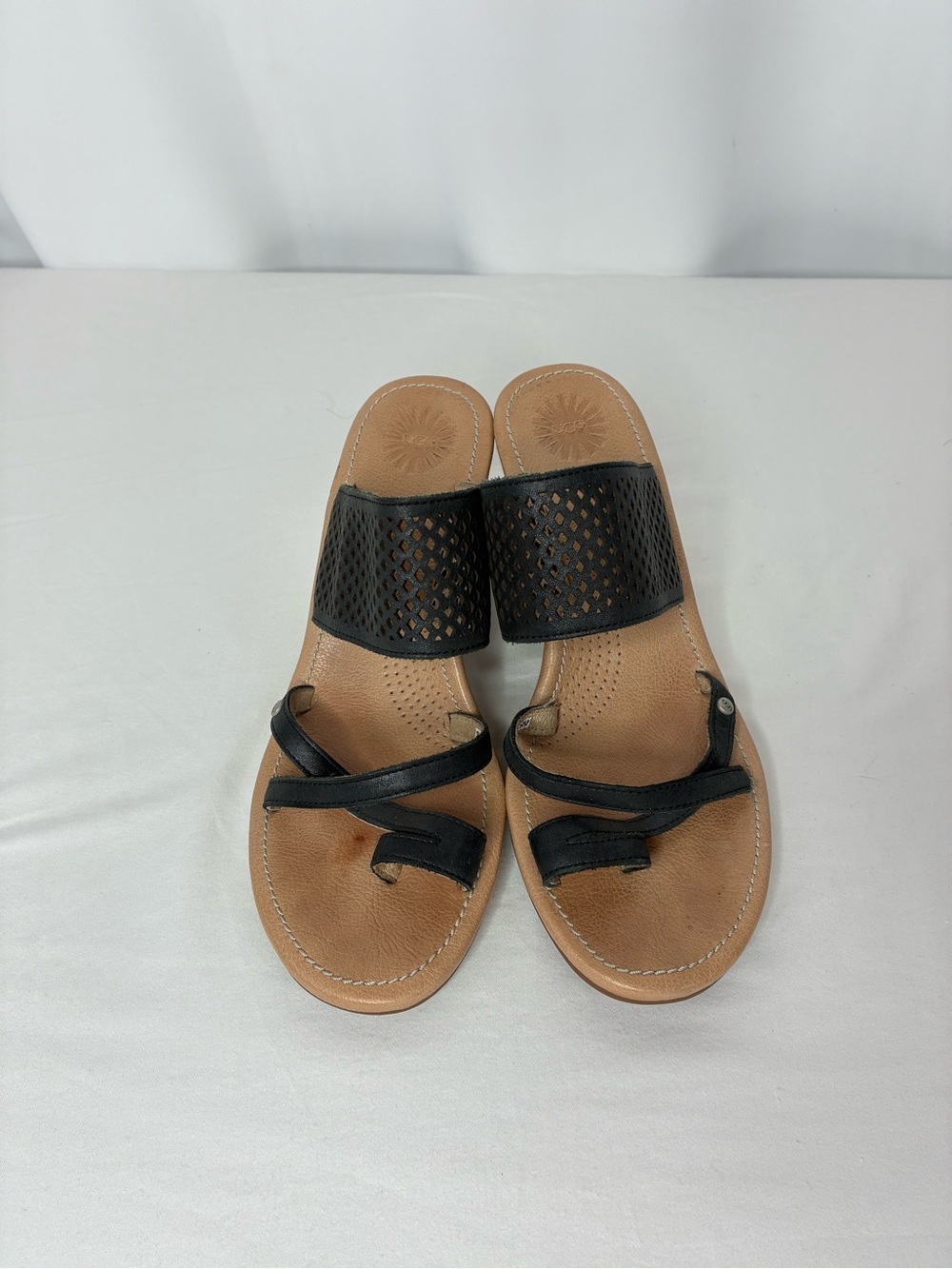 UGG Black Leather Wedge Sandals Toe Loop Perforated Slides Women’s Size 8.5